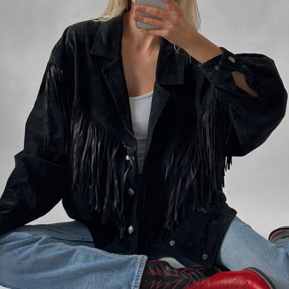 Women's Fringe Leather Jacket, Black Suede Leather Jacket - Picture 1 of 3